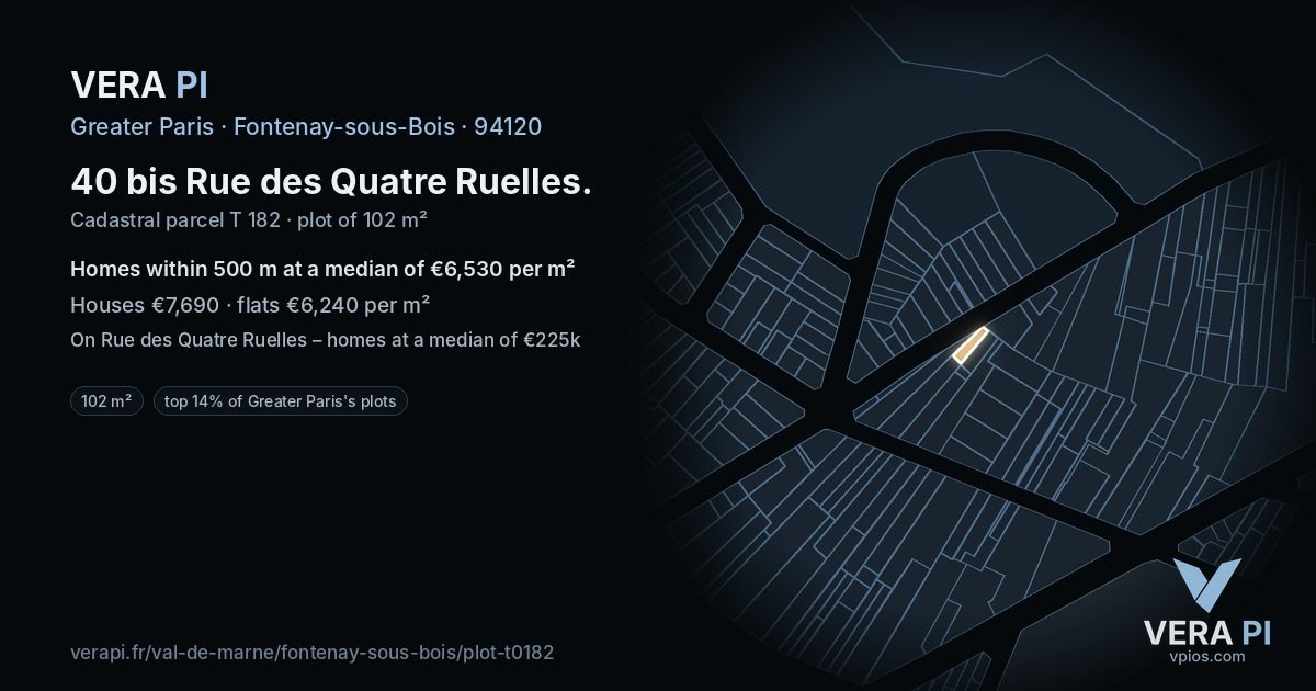 40 bis Rue des Quatre Ruelles, Fontenay-sous-Bois at night – the plot lit, the parcels around coloured by the prices near them
