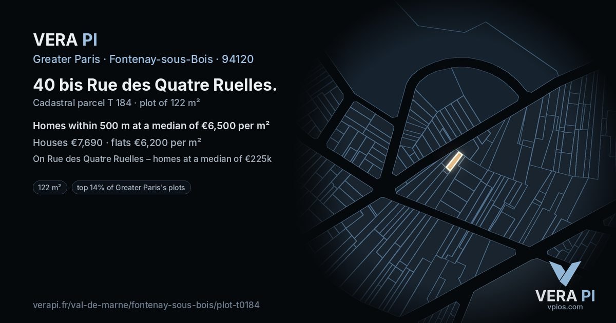 40 bis Rue des Quatre Ruelles, Fontenay-sous-Bois at night – the plot lit, the parcels around coloured by the prices near them