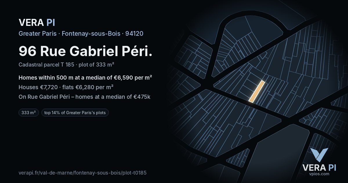 96 Rue Gabriel Péri, Fontenay-sous-Bois at night – the plot lit, the parcels around coloured by the prices near them