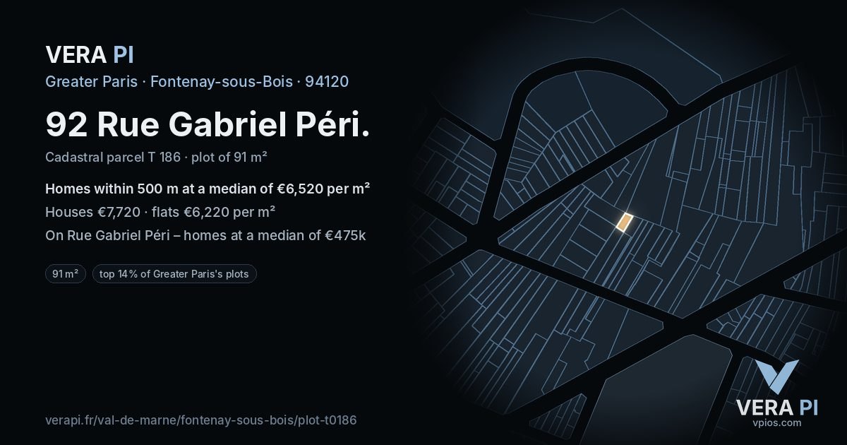 92 Rue Gabriel Péri, Fontenay-sous-Bois at night – the plot lit, the parcels around coloured by the prices near them