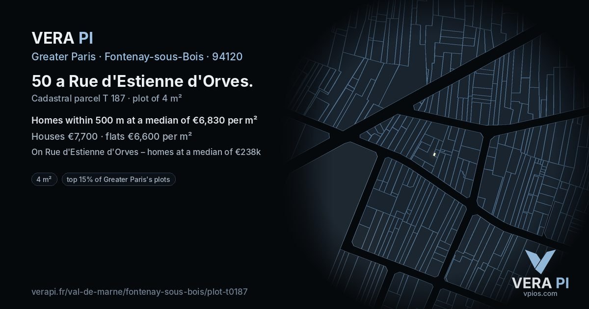 50 a Rue d'Estienne d'Orves, Fontenay-sous-Bois at night – the plot lit, the parcels around coloured by the prices near them