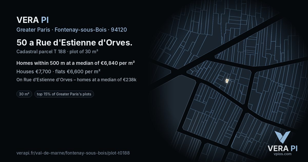 50 a Rue d'Estienne d'Orves, Fontenay-sous-Bois at night – the plot lit, the parcels around coloured by the prices near them