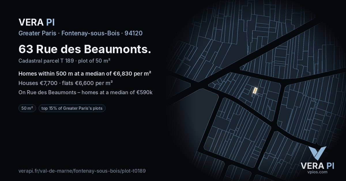 63 Rue des Beaumonts, Fontenay-sous-Bois at night – the plot lit, the parcels around coloured by the prices near them