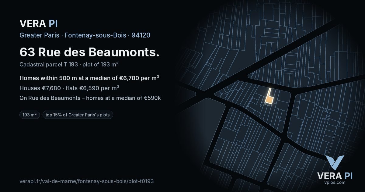 63 Rue des Beaumonts, Fontenay-sous-Bois at night – the plot lit, the parcels around coloured by the prices near them