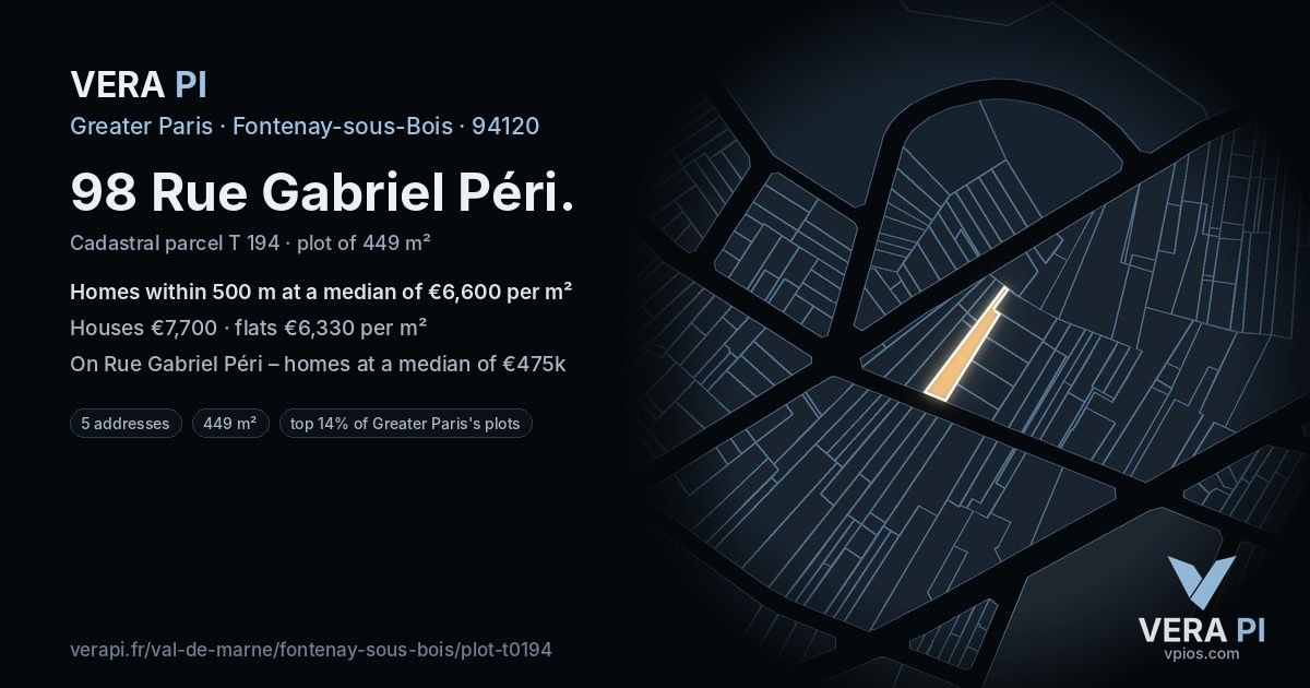 98 Rue Gabriel Péri, Fontenay-sous-Bois at night – the plot lit, the parcels around coloured by the prices near them