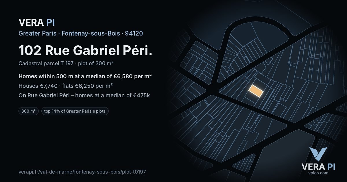 102 Rue Gabriel Péri, Fontenay-sous-Bois at night – the plot lit, the parcels around coloured by the prices near them