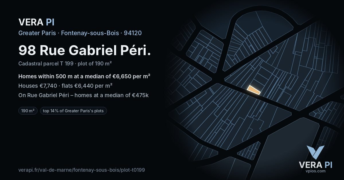 98 Rue Gabriel Péri, Fontenay-sous-Bois at night – the plot lit, the parcels around coloured by the prices near them