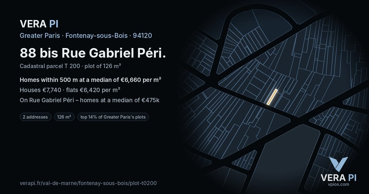 88 bis Rue Gabriel Péri, Fontenay-sous-Bois at night – the plot lit, the parcels around coloured by the prices near them