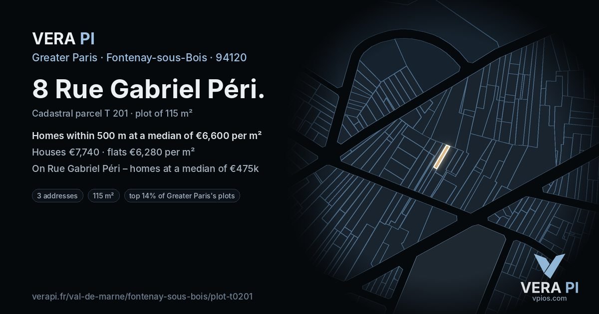 8 Rue Gabriel Péri, Fontenay-sous-Bois at night – the plot lit, the parcels around coloured by the prices near them
