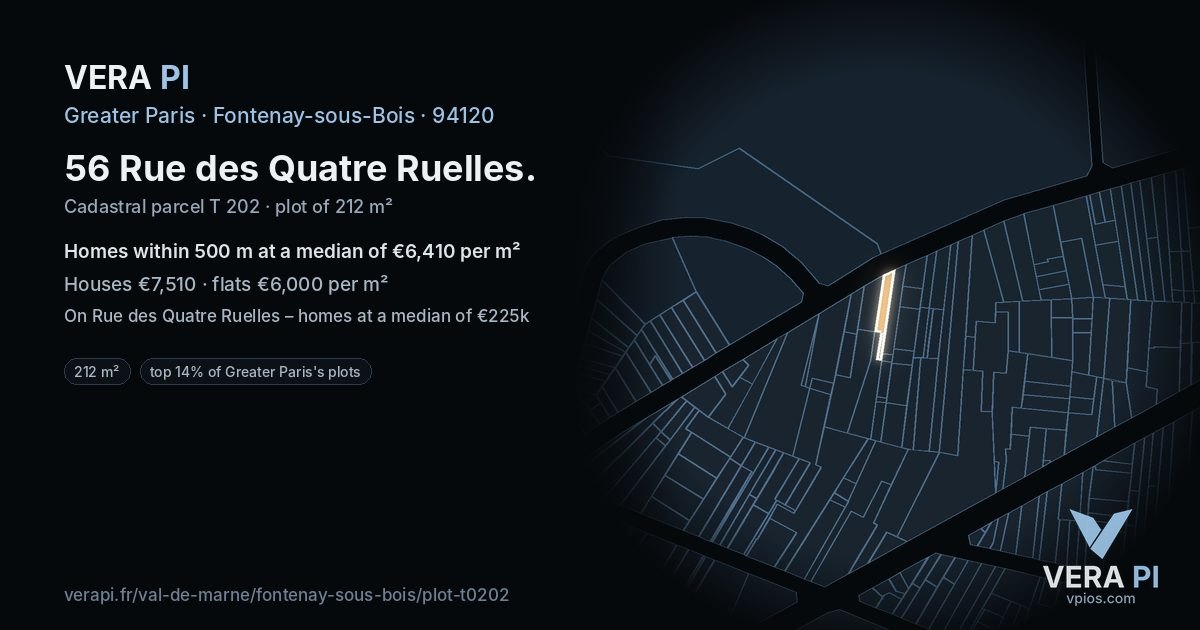 56 Rue des Quatre Ruelles, Fontenay-sous-Bois at night – the plot lit, the parcels around coloured by the prices near them