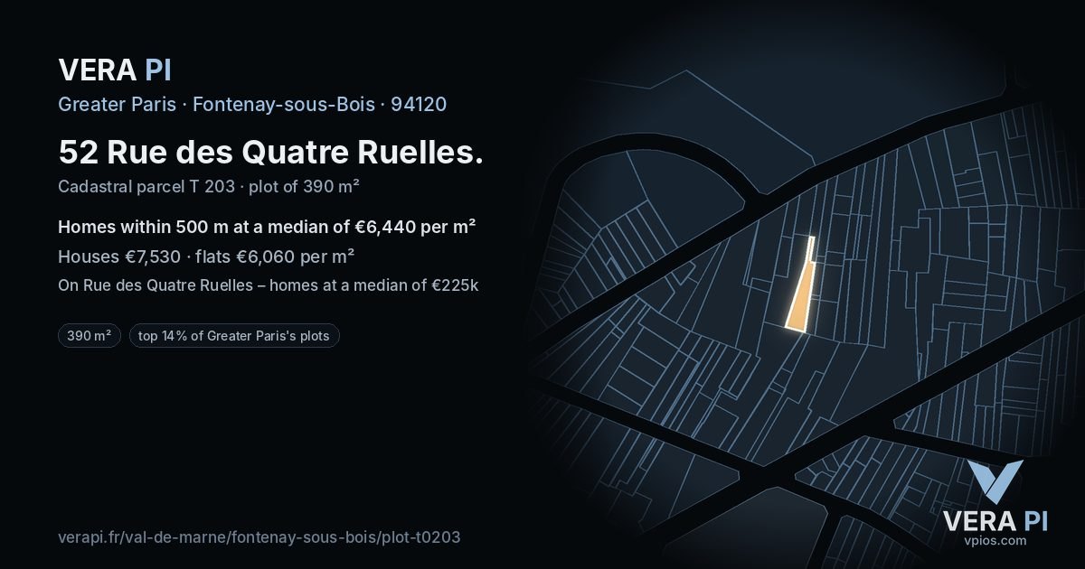 52 Rue des Quatre Ruelles, Fontenay-sous-Bois at night – the plot lit, the parcels around coloured by the prices near them