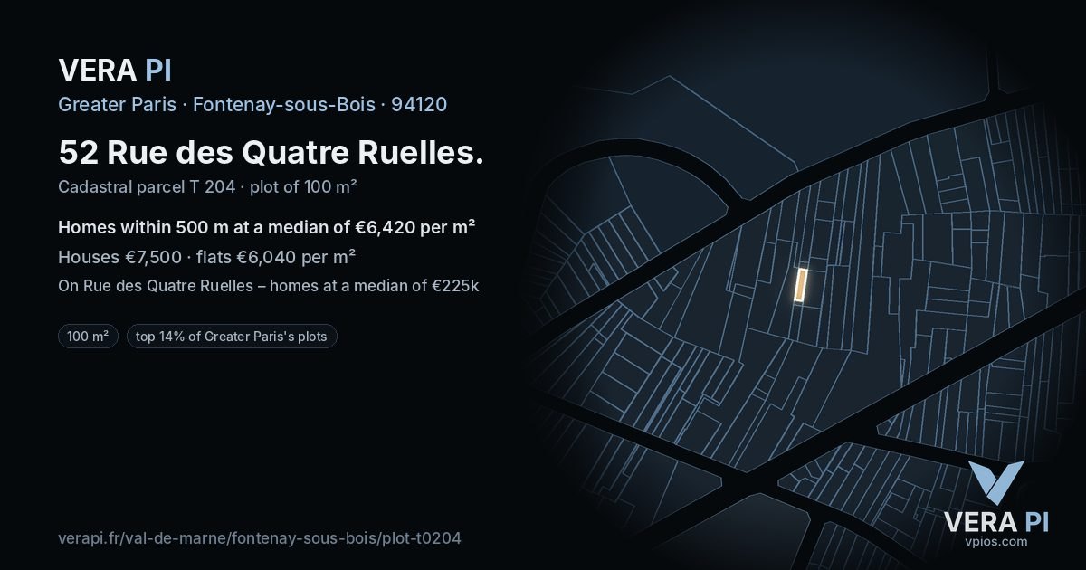 52 Rue des Quatre Ruelles, Fontenay-sous-Bois at night – the plot lit, the parcels around coloured by the prices near them