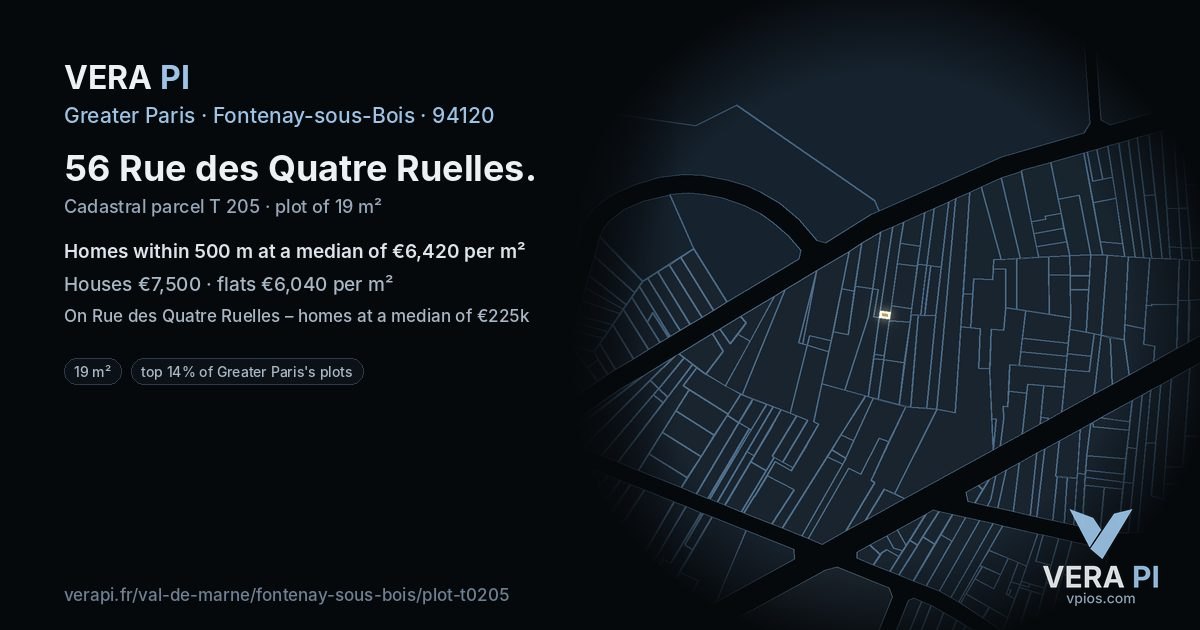 56 Rue des Quatre Ruelles, Fontenay-sous-Bois at night – the plot lit, the parcels around coloured by the prices near them