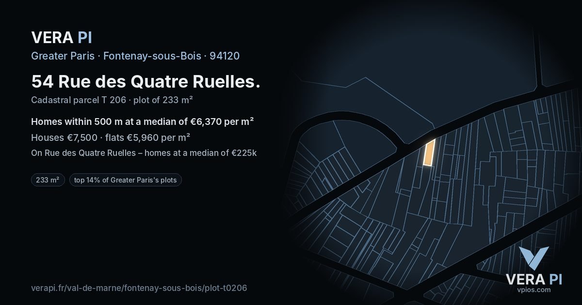 54 Rue des Quatre Ruelles, Fontenay-sous-Bois at night – the plot lit, the parcels around coloured by the prices near them