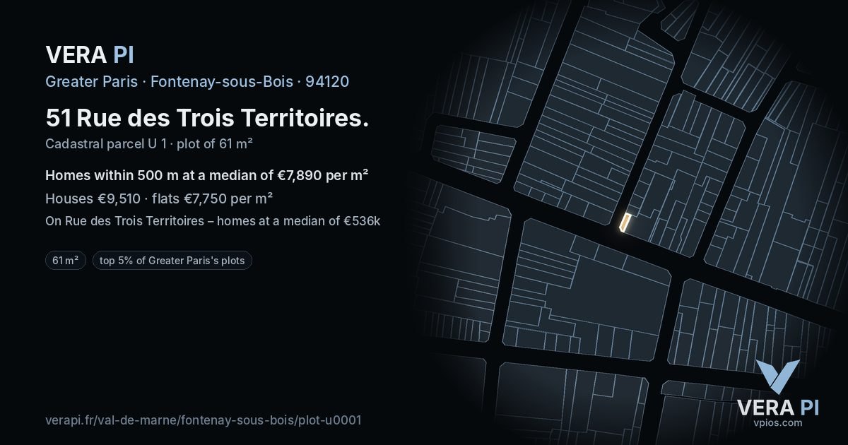 51 Rue des Trois Territoires, Fontenay-sous-Bois at night – the plot lit, the parcels around coloured by the prices near them