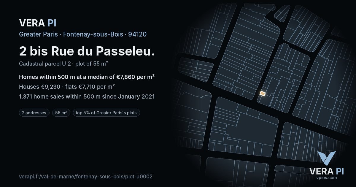 2 bis Rue du Passeleu, Fontenay-sous-Bois at night – the plot lit, the parcels around coloured by the prices near them