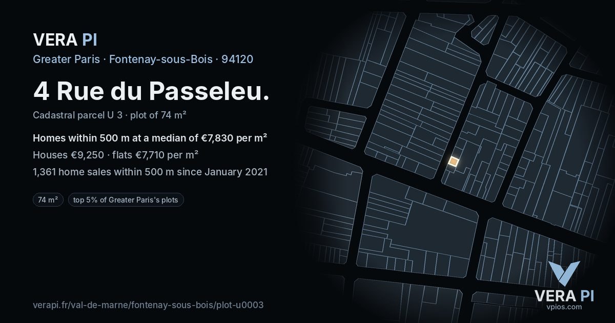 4 Rue du Passeleu, Fontenay-sous-Bois at night – the plot lit, the parcels around coloured by the prices near them