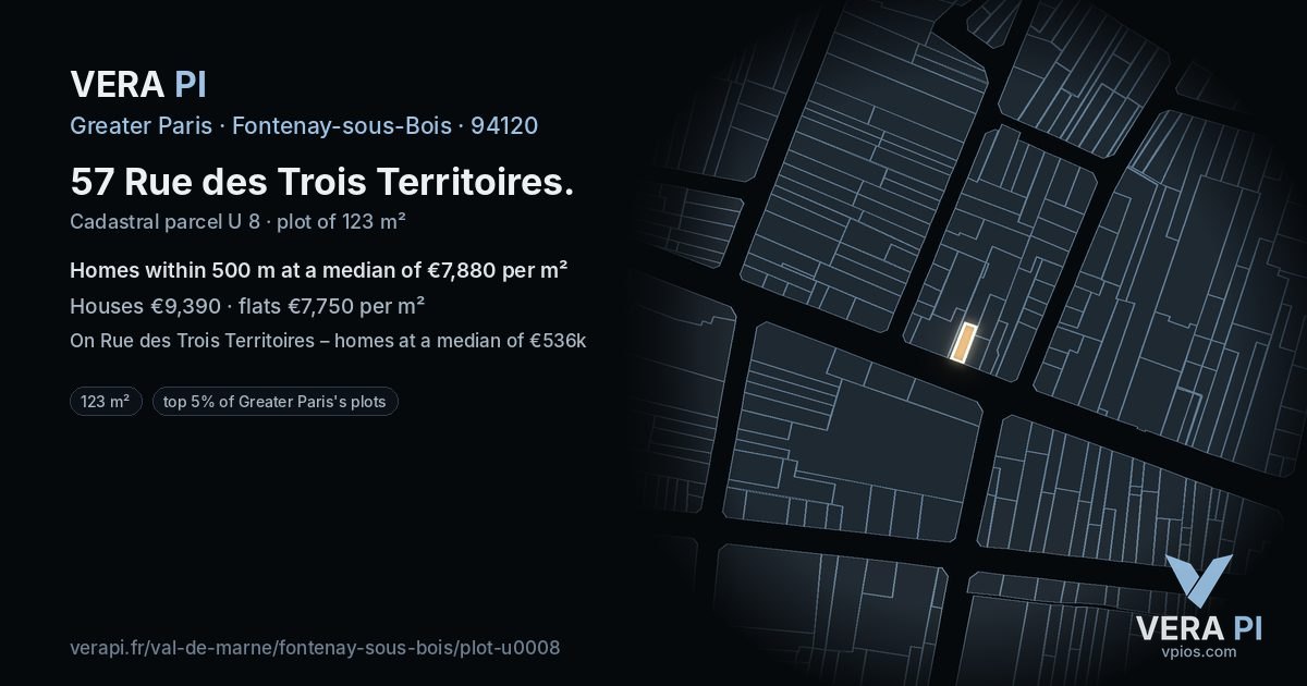57 Rue des Trois Territoires, Fontenay-sous-Bois at night – the plot lit, the parcels around coloured by the prices near them