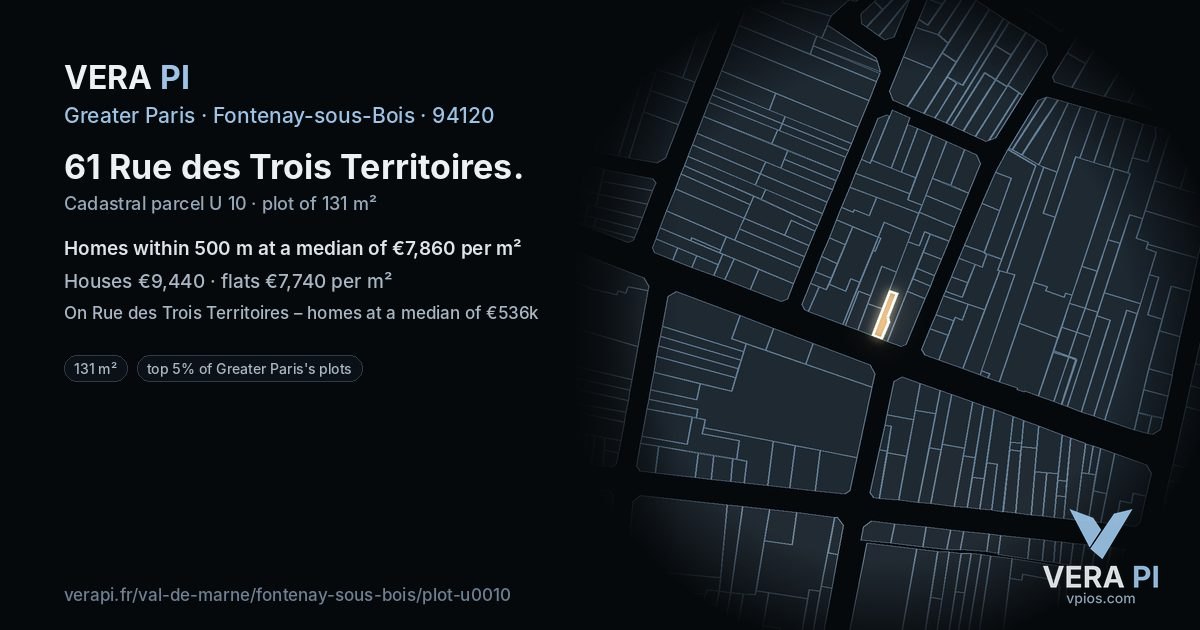 61 Rue des Trois Territoires, Fontenay-sous-Bois at night – the plot lit, the parcels around coloured by the prices near them