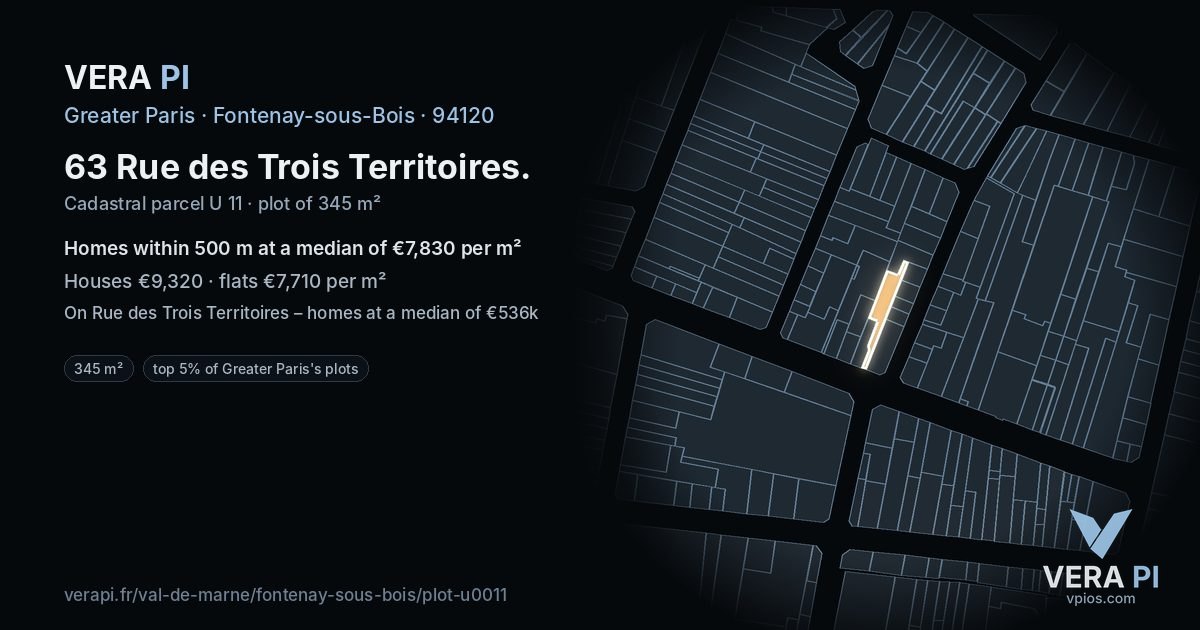 63 Rue des Trois Territoires, Fontenay-sous-Bois at night – the plot lit, the parcels around coloured by the prices near them