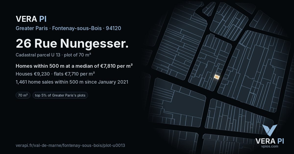 26 Rue Nungesser, Fontenay-sous-Bois at night – the plot lit, the parcels around coloured by the prices near them