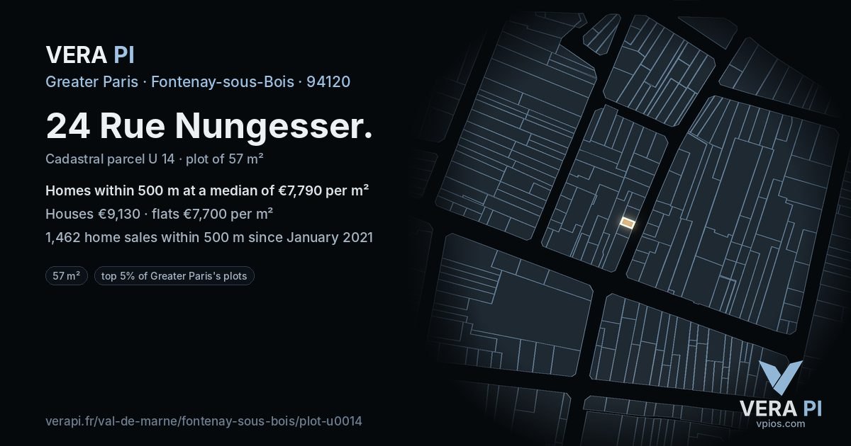 24 Rue Nungesser, Fontenay-sous-Bois at night – the plot lit, the parcels around coloured by the prices near them