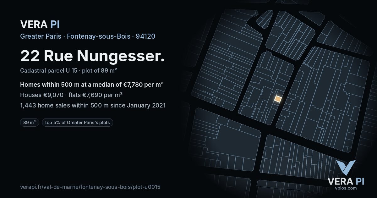 22 Rue Nungesser, Fontenay-sous-Bois at night – the plot lit, the parcels around coloured by the prices near them