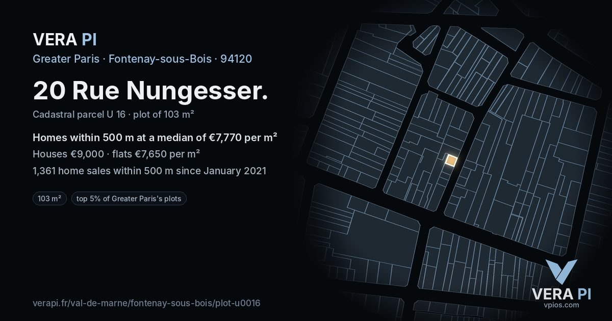 20 Rue Nungesser, Fontenay-sous-Bois at night – the plot lit, the parcels around coloured by the prices near them
