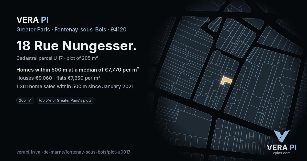 18 Rue Nungesser, Fontenay-sous-Bois at night – the plot lit, the parcels around coloured by the prices near them