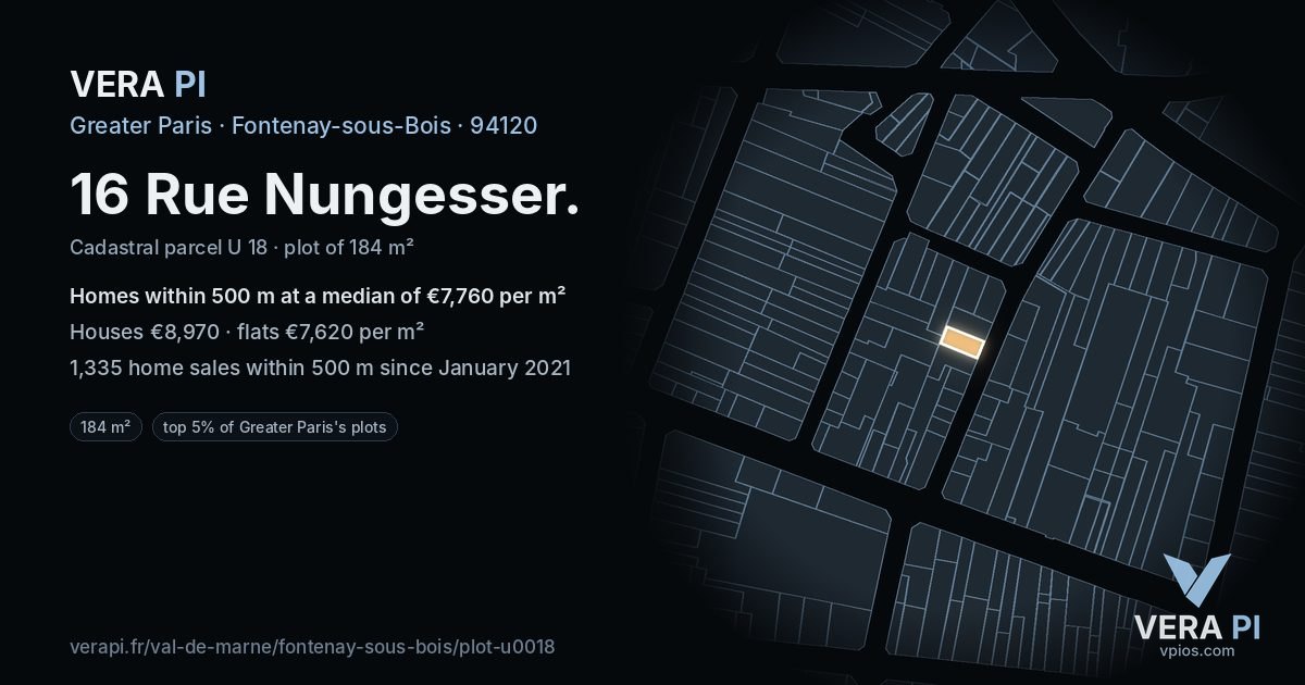16 Rue Nungesser, Fontenay-sous-Bois at night – the plot lit, the parcels around coloured by the prices near them