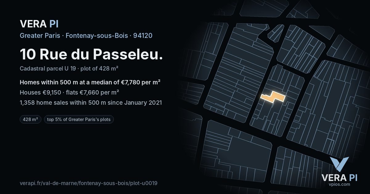 10 Rue du Passeleu, Fontenay-sous-Bois at night – the plot lit, the parcels around coloured by the prices near them