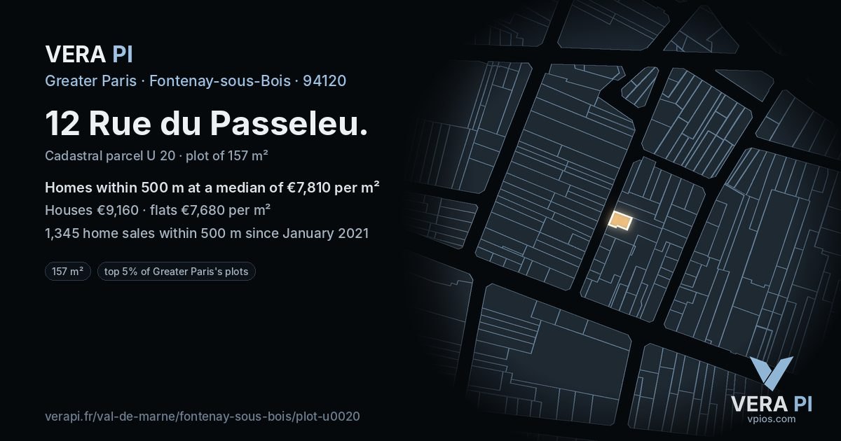 12 Rue du Passeleu, Fontenay-sous-Bois at night – the plot lit, the parcels around coloured by the prices near them