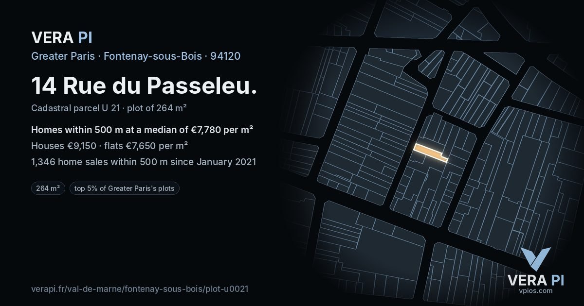 14 Rue du Passeleu, Fontenay-sous-Bois at night – the plot lit, the parcels around coloured by the prices near them