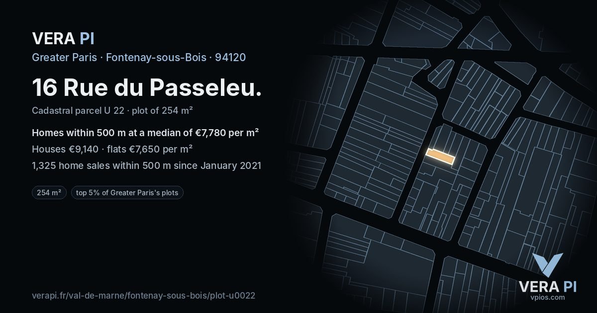 16 Rue du Passeleu, Fontenay-sous-Bois at night – the plot lit, the parcels around coloured by the prices near them