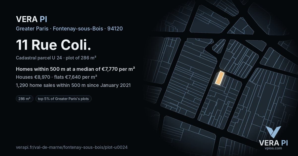 11 Rue Coli, Fontenay-sous-Bois at night – the plot lit, the parcels around coloured by the prices near them