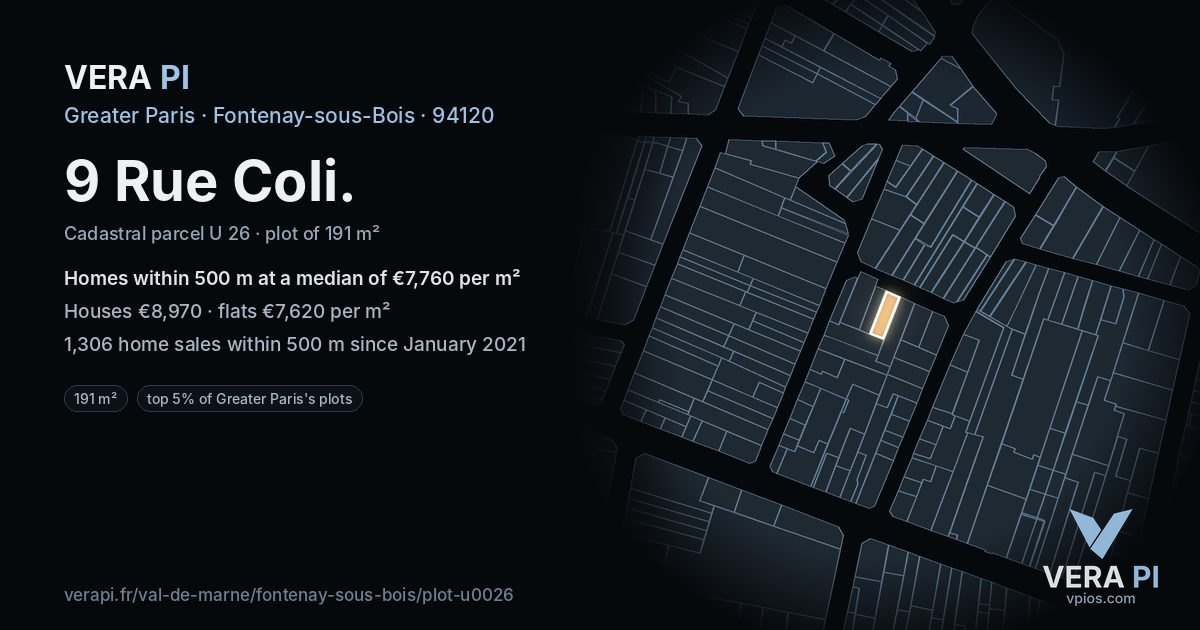 9 Rue Coli, Fontenay-sous-Bois at night – the plot lit, the parcels around coloured by the prices near them