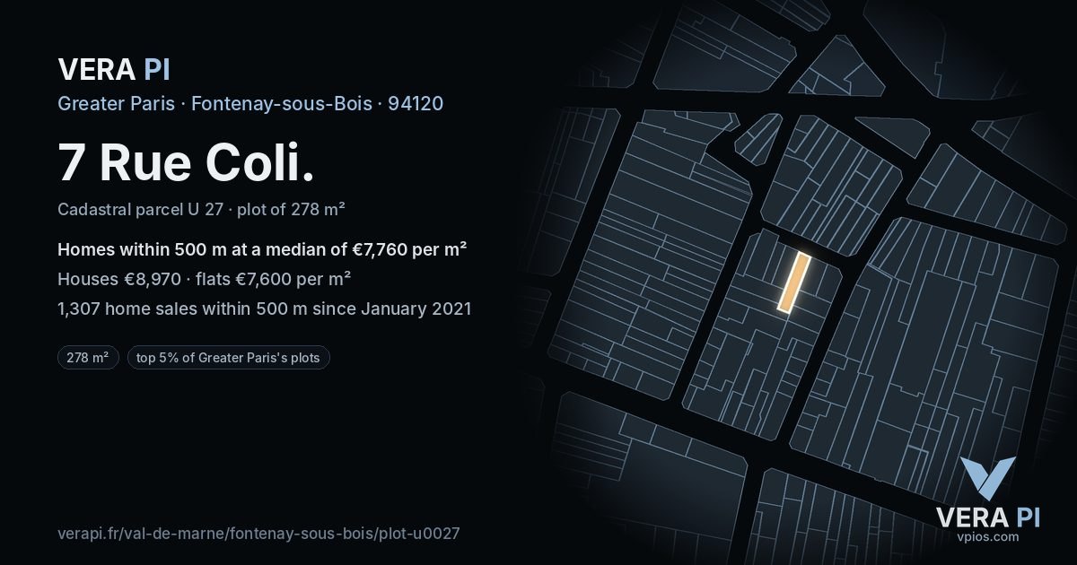 7 Rue Coli, Fontenay-sous-Bois at night – the plot lit, the parcels around coloured by the prices near them