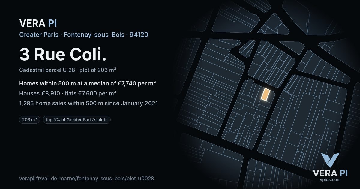 3 Rue Coli, Fontenay-sous-Bois at night – the plot lit, the parcels around coloured by the prices near them