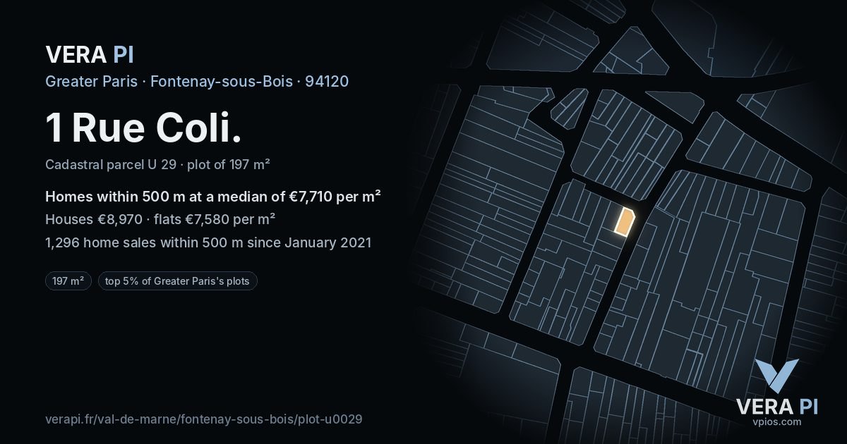 1 Rue Coli, Fontenay-sous-Bois at night – the plot lit, the parcels around coloured by the prices near them