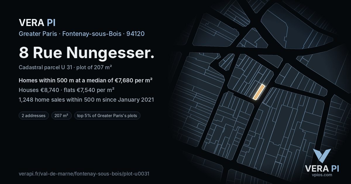 8 Rue Nungesser, Fontenay-sous-Bois at night – the plot lit, the parcels around coloured by the prices near them