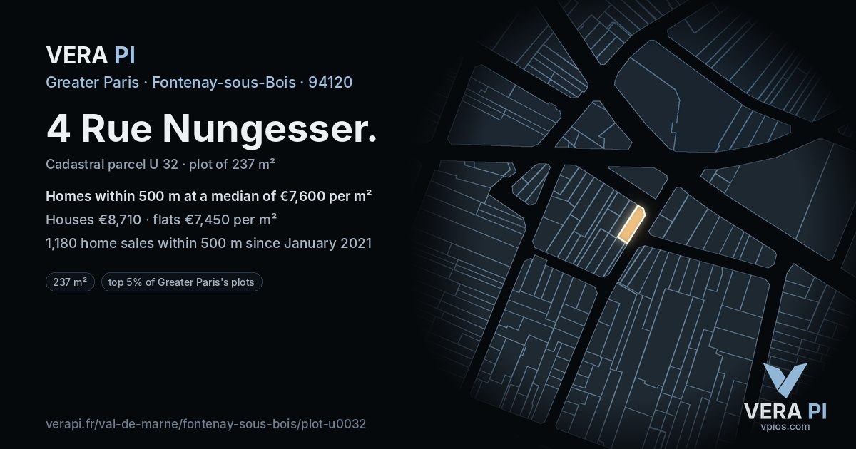 4 Rue Nungesser, Fontenay-sous-Bois at night – the plot lit, the parcels around coloured by the prices near them