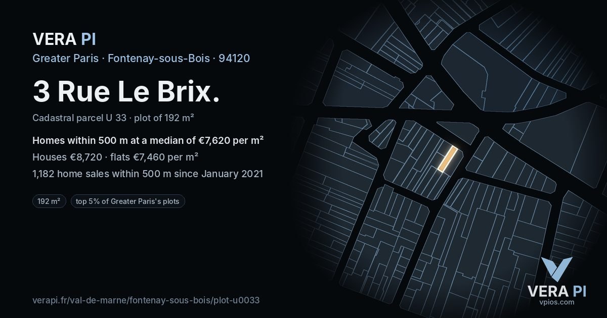 3 Rue Le Brix, Fontenay-sous-Bois at night – the plot lit, the parcels around coloured by the prices near them