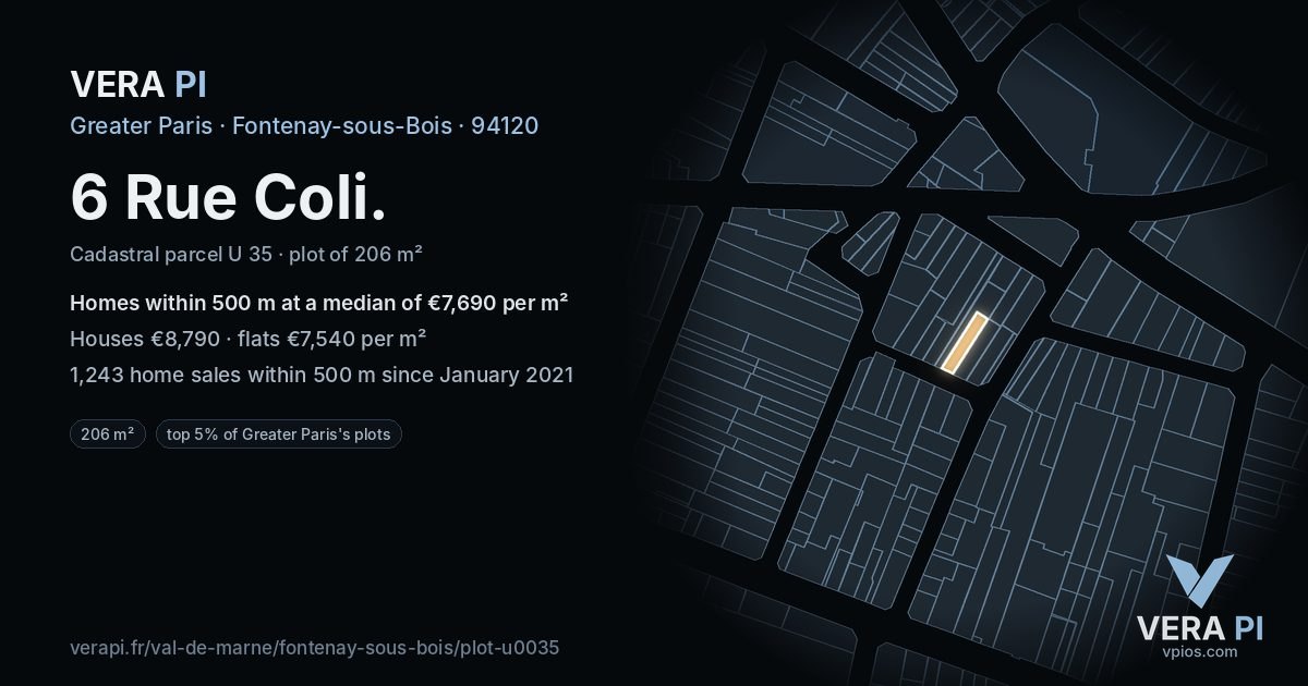 6 Rue Coli, Fontenay-sous-Bois at night – the plot lit, the parcels around coloured by the prices near them