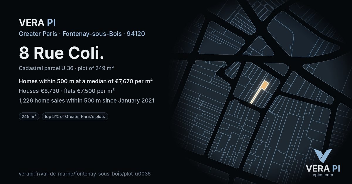 8 Rue Coli, Fontenay-sous-Bois at night – the plot lit, the parcels around coloured by the prices near them