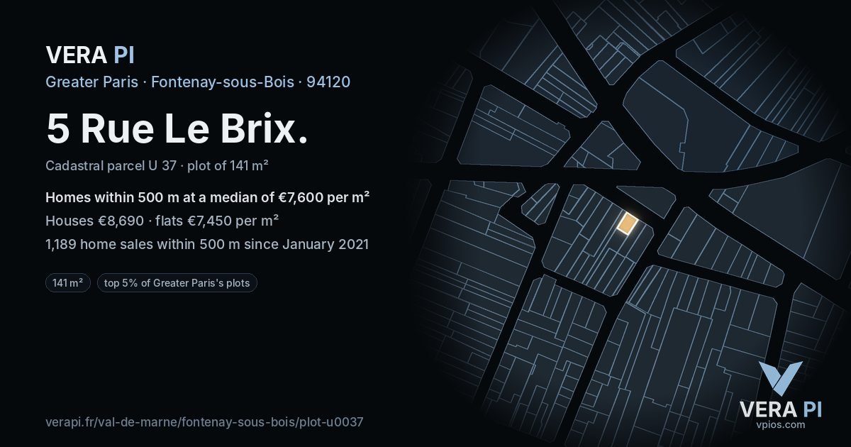 5 Rue Le Brix, Fontenay-sous-Bois at night – the plot lit, the parcels around coloured by the prices near them