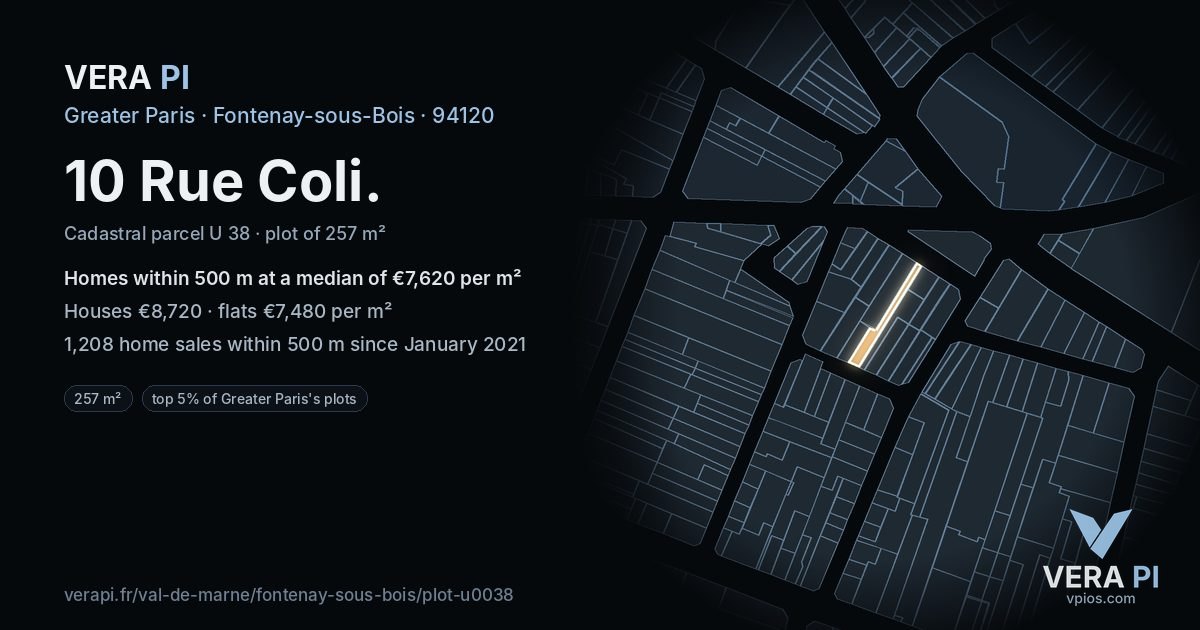 10 Rue Coli, Fontenay-sous-Bois at night – the plot lit, the parcels around coloured by the prices near them
