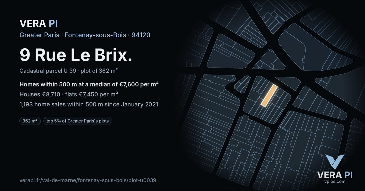9 Rue Le Brix, Fontenay-sous-Bois at night – the plot lit, the parcels around coloured by the prices near them