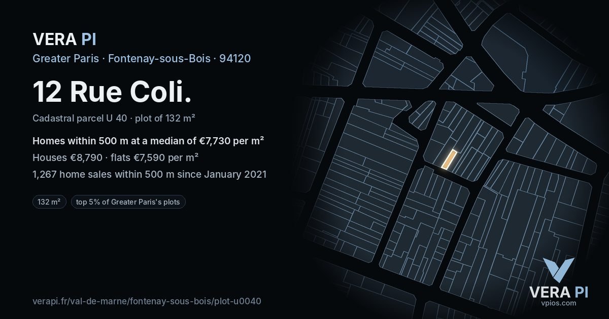 12 Rue Coli, Fontenay-sous-Bois at night – the plot lit, the parcels around coloured by the prices near them