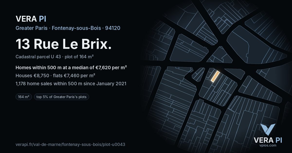 13 Rue Le Brix, Fontenay-sous-Bois at night – the plot lit, the parcels around coloured by the prices near them