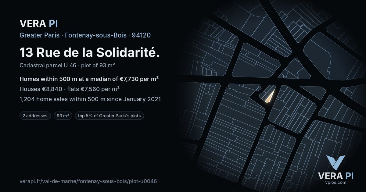 13 Rue de la Solidarité, Fontenay-sous-Bois at night – the plot lit, the parcels around coloured by the prices near them
